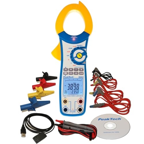 PeakTech P 1660 3-Phasen Stromzange / Digital-Leistungsstromzange 1000 A mit USB max. 750 kW / Energiemessgerät / Leistungsfaktor / Motortester ,, Blau