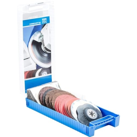 PFERD-COMBICLICK-Set, 19-teilig, Fiberschleifer, Filz- und Vlieswerkzeuge, Außen-ø 125 mm, Gewinde M14, inkl. Stützteller, 49350072 – für die Oberflächenbearbeitung von grob bis spiegelpoliert