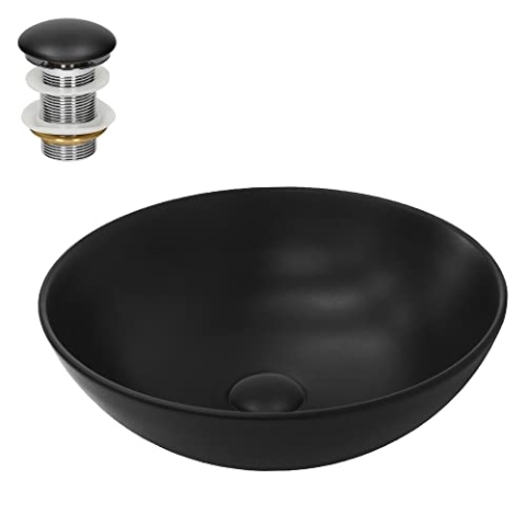ML-Design Waschbecken Keramik Schwarz Matt Ø 40x14,5 cm Rund inkl. Ablaufgarnitur ohne Überlauf, Moderne Aufsatzwaschbecken Waschtisch Waschschale Waschplatz Handwaschbecken, für Badezimmer/Gäste-WC
