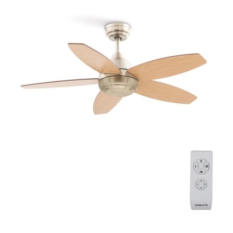 CREATE / WINDFLOWOOD/Deckenventilator Nickel Naturholzflügel mit Fernbedienung/Leise, umkehrbare Flügel, AC-Motor, Programmierbar von 1h bis 4h, 2 Höhen, 3 Lichttemperaturen, 60W, Ø107cm