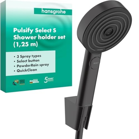 hansgrohe Pulsify Select S - Duschset mit Duschkopf (3 Strahlarten inkl. PowderRain), Duschschlauch (1,25 m) und Duschkopfhalterung, Mattschwarz, 24302670