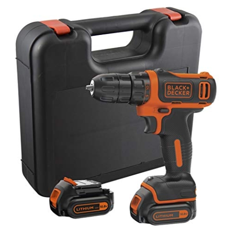 Black+Decker Kompakt-Bohrer (10,8V Li-Ion Akku-Bohrschrauber, LED-Arbeitslicht, Softgriff, 10 mm Schnelllspannbohrfutter, inklusive 2 Slidepack-Akkus, 400mA Ladegerät, Koffer, 1 Doppelbit) BDCDD12KB