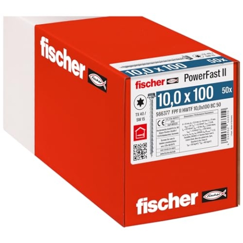 fischer PowerFast II HWTF 10,0 x 100, kraftvolle Holzbauschraube mit Sechskantkopf, Innenstern-Aufnahme und Vollgewinde, für den konstruktiven Holzbau, 50 Stk.