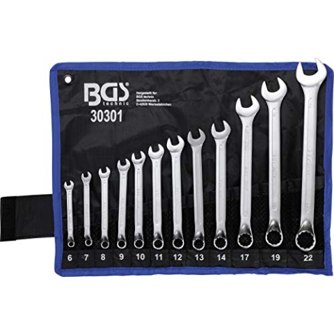 BGS 30301 | Maul-Ringschlüssel-Satz | 12-tlg. | gekröpft | SW 6 - 22 mm | inkl. Tetron-Rolltasche | Gabelringschlüssel