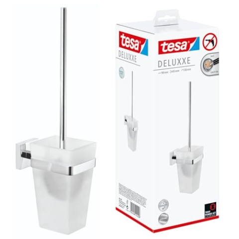 tesa DELUXXE Toilettenbürsten-Set, verchromt, mit satiniertem Glas - zur Wandbefestigung ohne Bohren, inkl. leistungsstarker Klebelösung - 98mm x 445mm x 138mm