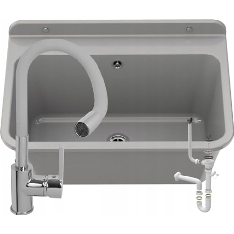 Granitan Ausgussbecken für Garage Keller Werkstatt - Universal Waschtrog mit Siphon - Waschbecken Wandmontage aus Polypropylen - 61x41x30 cm (Grau + FLEX Waschtischbatterie)