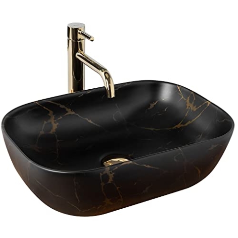 Rea Waschbecken Waschtisch Aufsatzwaschbecken Keramik Handwaschbecken Aufsatz Waschschale Rechteckig Schwarz Matt Marmor 33x46