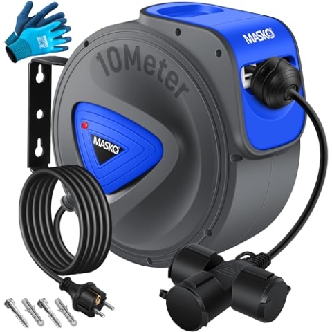 MASKO® Automatik Kabeltrommel Verlängerungskabel 10m mit 3-Fach Anschluss 180° drehbar 1,5m Zuleitung Wandhalterung Werkstatt Kabelaufroller Automatisch Stromtrommel Schlauchaufroller Inkl. Handschuhe