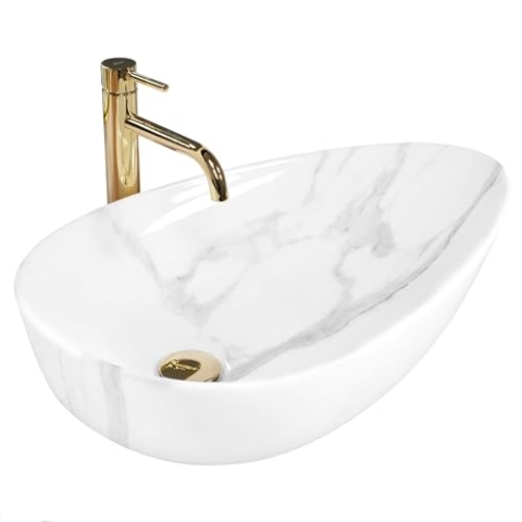 Rea Aufsatzwaschbecken GRETA 65 BIANCO SHINY Waschtisch Handwaschbecken Waschschale Waschbecken für Badezimmer aus hochwertiger Keramik 655 x 390 x 135 mm (Weiß, Marmorimitat)