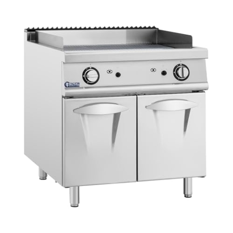 Royal Catering Gas-Grillplatte mit Unterschrank 12 kW geriffelt Propangas/LPG/Erdgas 50-300 °C Edelstahl Chromstahl Flammensperre Dunstabzug Zündflamme Pulszündung Gastro-Gasgriller Bratplatte