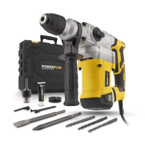 Powerplus Kombibohrmaschine POWX11721 Kombibohrer zum Bohren, Meisseln und Hämmern – Kombibohrer als Schlagbohrmaschine und Stemmhammer im Set mit Koffer und Zubehör wie Meissel und Bohrer