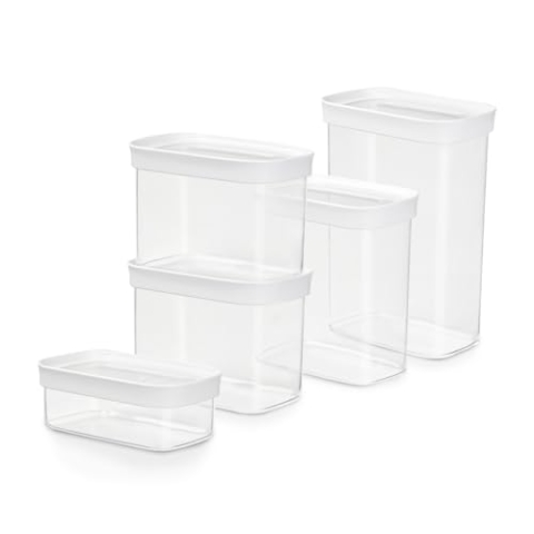 Emsa Optima 5-teiliges Set Vorratsdosen mit Deckel luftdicht, rechteckig, Organizer Küche, platzsparend, sicher, hygienisch, unbedenklich, Frischedichtung, transparentes Design, N11428