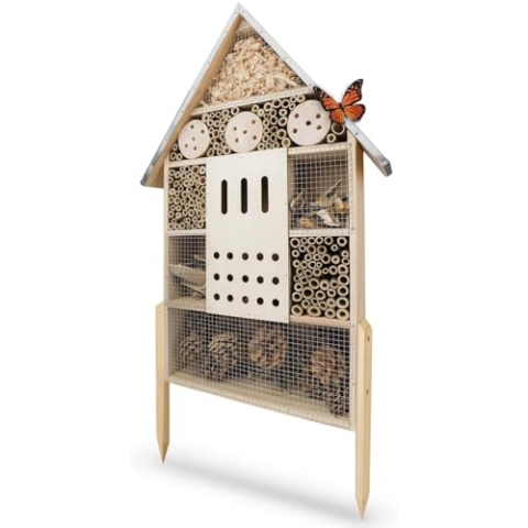 wildlife friend Insektenhotel XXL Stehend - Bienenhotel mit Standfuß 76 cm, Metalldach - Groß Wildbienenhotel - Insektenhaus für Bienen, Marienkäfer & Schmetterlinge | Insektenhotel Bausatz, Holzfarbe