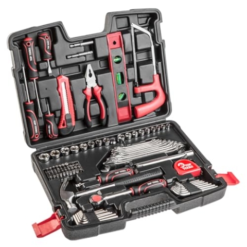 Top Tools Werkzeugkoffer 100-teilig – Steckschlüsselsatz 1/4" & 3/8", Ratsche, Ringschlüssel, Torx, Sechskant, Hammer, Metallsäge, Zange, Schraubendreher – Werkzeugset für Heimwerker