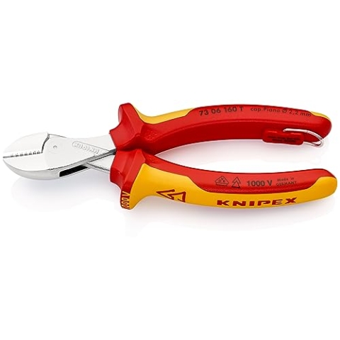 KNIPEX X-Cut Kompakt-Seitenschneider isoliert mit Mehrkomponenten-Hüllen, VDE-geprüft; mit integrierter isolierter Befestigungsöse zum Anbringen einer Absturzsicherung verchromt 160 mm 73 06 160 T