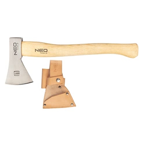 NEO TOOLS Bushcraft Beil Campingaxtlänge, Gewicht 400g, Lederbeutel, Eschengriff, Kohlenstoffstahl C55, HRC 50-55, Gesenkgeschmiedete, polierte Klinge, Camping Outdoor - Axt Äxte Hatchet Beil