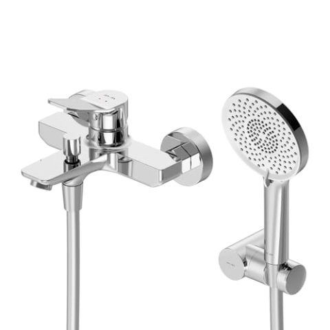 Einhebel-Badewannenarmatur Set, Wannen Bad Armatur in Chrom, Einhebelmischer für Bad, Wasserhahn Silber mit Auslauf, inkl. Handbrause 5 Strahlarten, Wandhalterung und Schlauch - AM.PM X-Joy FXA15000
