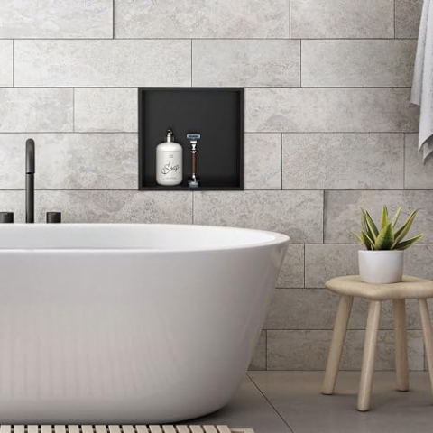 LuxeBath Wandnische aus Edelstahl, 30x30x10 cm, Schwarz, Duschnische mit Rahmen, Einbauregal, Flexibler Einbau, Befliesbare Nische für Badutensilien, Duschablage, Einzelregal Lagerung für Badezimmer