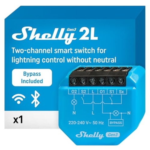Shelly 2L Gen3 mit Bypass, WLAN Smarter Schalter, 2 Kanäle, Alexa und Google Home, Kein Hub erforderlich, Fernsteuerung, Kein Neutralleiter erforderlich, Unterputzmontage, Steuert Lasten über 5 W