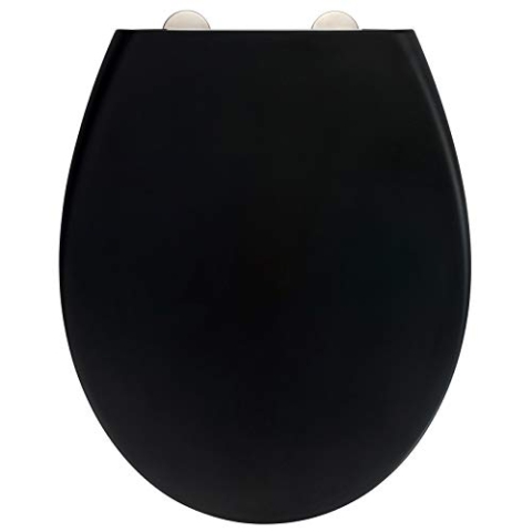 WENKO Premium WC-Sitz Ikaria Schwarz matt, Toilettensitz mit Absenkautomatik für sanftes Deckelschließen, Soft-Touch-Effekt, Fix-Clip Hygienebefestigung, aus antibakteriellem Duroplast, 37,5 x 44,5 cm