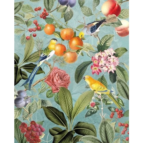 Komar Vlies Fototapete - Birds and Berries - Größe: 200 x 250 cm (Breite x Höhe) - Tapete, Design, Wohnzimmer, Wanddekoration, Schlafzimmer, Blumen, floral, Papagei, Vogel - LJX4-018
