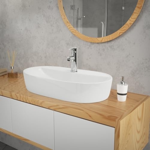 ML-Design Waschbecken aus Keramik in Weiß glänzend 60 x 40 x 12 cm, Oval, Moderne Aufsatzwaschbecken, Design Waschtisch Aufsatz-Waschschale Waschplatz Handwaschbecken, für das Badezimmer/Gäste-WC