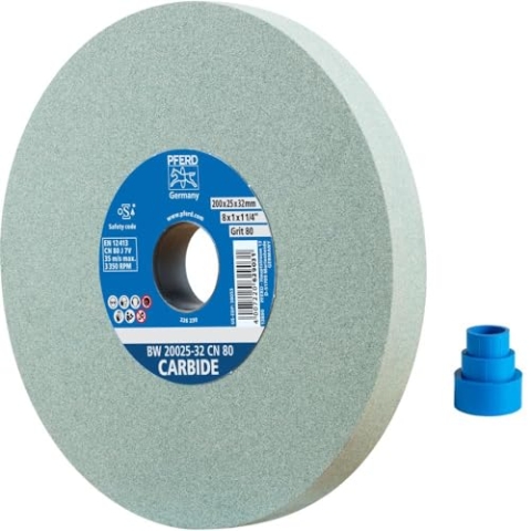 PFERD Schleifbockscheibe CARBIDE, 200x25x32mm, SiC 80, 39008490 – Weiche, aggressive Schleifscheibe für harte Materialien, z. B. Hartmetall, mit Reduzierhülsen (25/20/16mm)