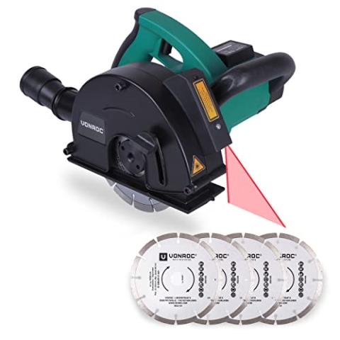VONROC Mauernutfräse Schlitzfräse Laser mit Absaughaube - Mauerfräse 1700W - Schlitzmaschine für 150mm Kabelnut - Nutfräser, Fugenfräse inklusive 6 Diamantscheiben