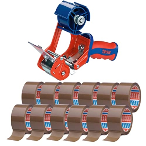 tesa Packband Handabroller, Modell "Comfort" für Rollen bis 66m x 50mm (Maxi ‎Bundle mit 12 Rollen Paketklebeband, braun)
