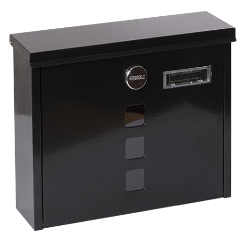 ARREGUI Chance E7104 Briefkasten aus Verzinktem Stahl, Größe M (DIN A4), Mit Schutzklappen für Einwurf und Schloss, Postkasten mit Sichtfenstern und Namensschild, Einfache Montage, Schwarz