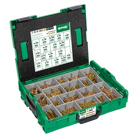 SPAX Montagekoffer, L-BOXX, Groß, Yellox A2L, Kreuzschlitz Z, Senkkopf, 17 Abmessungen, 2930 Stück, inkl. 5 SPAX BITs, 5000009164019