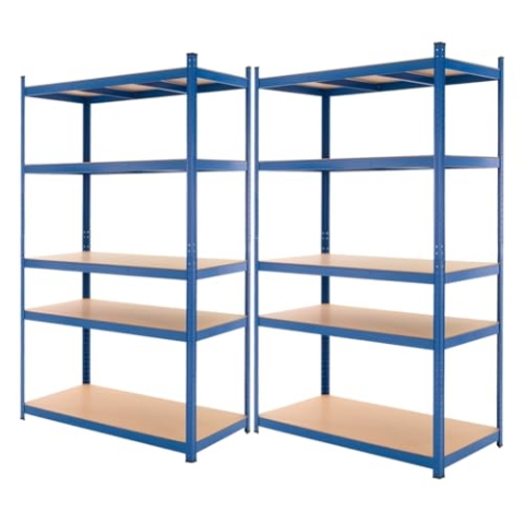 ECD Germany 2er Set Werkstattregal Schwerlastregal 200x100x60 cm Blau pulverbeschichter Metall mit 5 Böden MDF Holz belastbar bis 875kg Lagerregal Steckregal Kellerregal Garagenregal Metallregal Regal