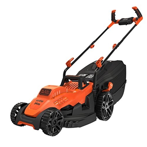 BLACK+DECKER Rasenmäher Akku Rasenmäher Elektro mit Fahrradlenker-Griff (1.400W, 34cm Schnittbreite, 6-fach Höhenverstellung, 40l Grasfangbehälter, geeignet für mittlere Gärten) BEMW461B