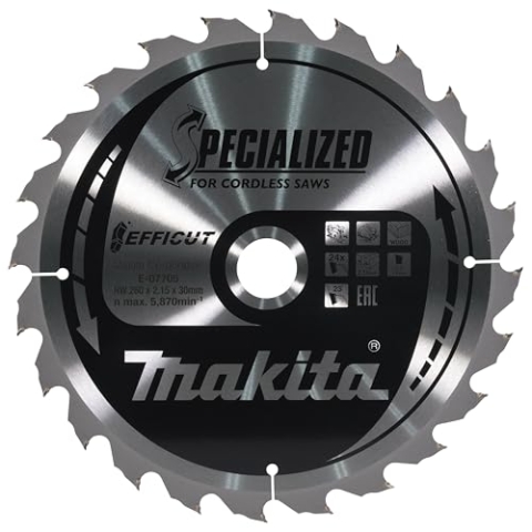 Makita E-07705 EFFICUT Kreissägeblatt Ø 260 x 2,15 x 30 mm, 24 Zähne, 23° Zahnwinkel, für saubere und schnelle Schnitte in Holz, für Akku-Handkreissägen