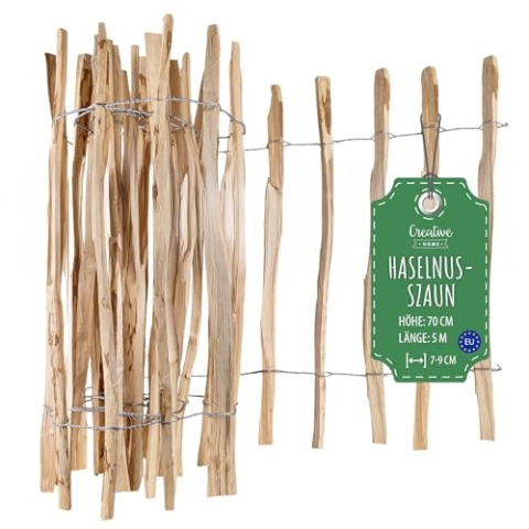 Creative Home Staketenzaun 70cm hoch und 5m lang | Haselnusszaun | Rollzaun | Lattenabstand 7-9 cm | Gartenzaun Holz Holzzaun | Zaun Garten Ideal als Rasenkante Blumenbeet Umrandung aus Haselnuss