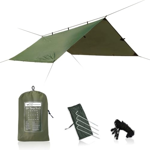 DD Hammocks DD 3x3 Abdeckplane mit 4 Heringen und Abspannleinen für Camping, Wald und Pfadfinder, Waldgrün, 100% wasserdicht