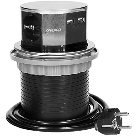 ORNO OR-AE-1381(GS) Versenkbare Einbau Steckdosenleiste 3-Fach + 2X USB 3680W, Ø10cm