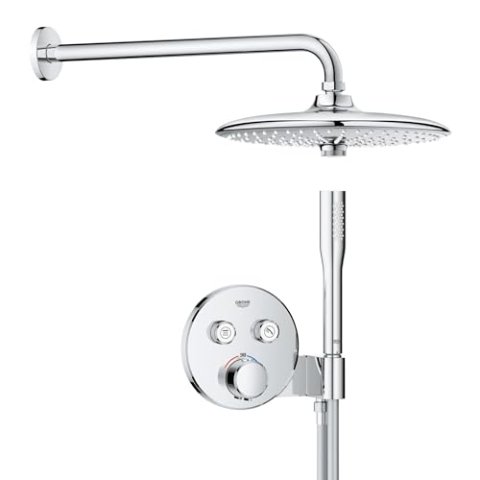 GROHE Precision 260, Unterputz Duschsystem (26cm Regendusche mit Thermostat, Kopfbrause 3 Strahlarten, Duschkopf mit 1 Strahlart, Komplettset, 1,50m Duschschlauch), rund, chom, 34878000