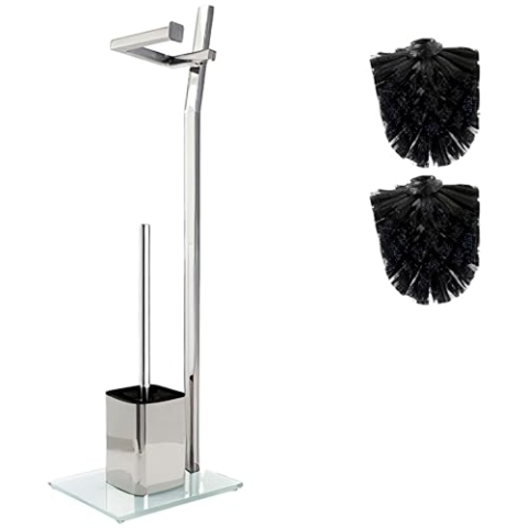 WC-Garnitur - 22 x 18 x 70 cm - Inklusive Klopapierhalter und Toilettenbürste - verchromter Edelstahl - schicker Standfuß aus Glas mit Klobürste - GRATIS: 2 Schwarze Klobürstenköpfe zum Austauschen
