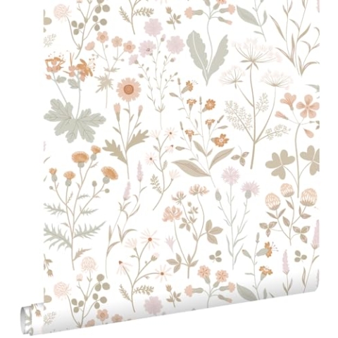 ESTAhome Tapete Feldblumen Grün und Terrakottarosa - 139514 - 53 cm x 10,05 m