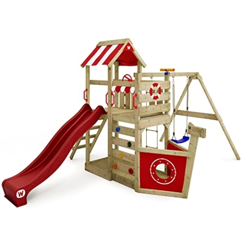 WICKEY Spielturm Klettergerüst SeaFlyer mit Schaukel & roter Rutsche, Outdoor Kinder Kletterturm mit Sandkasten, Leiter & Spiel-Zubehör für den Garten