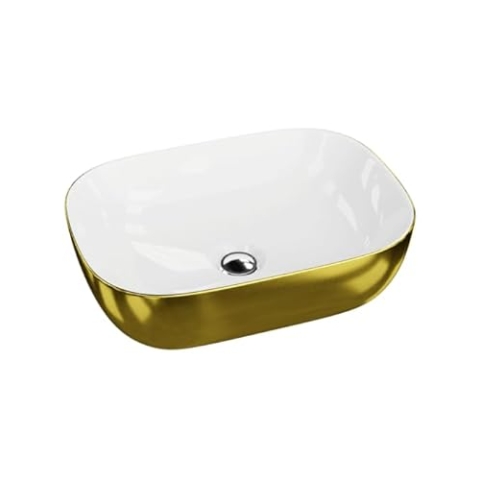 LAVITA Aufsatzwaschtisch Costa Gold/White Aufsatzwaschbecken Rechteckig Waschbecken ohne Überlauf und Hahnloch Aus hochwertigem Porzellan Waschtisch Badkeramik Waschplatz 46x32,5x13,5cm Weiß/Gold