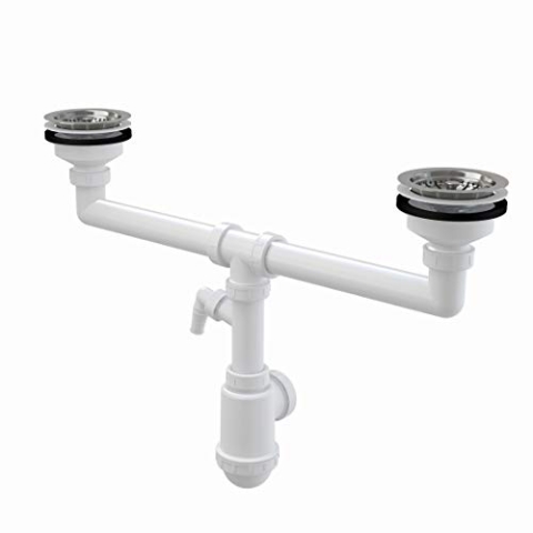 Siphon für Doppelspülbecken mit Anschluss an Spülmaschine oder Waschmaschie Rostfreies Gitter DN 115 Universal Anschluss DN40/50 Ablaufgarnitur Ablauf Doppelbecken Spüle