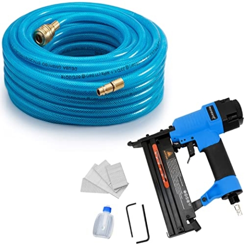 MONZANA® Druckluftschlauch 20m PVC Schnellkupplung 15 bar 1/4' Anschluss inkl 2in1 Drucklufttacker 100 Klammern 100 Nägel
