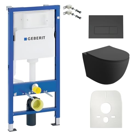 Lavita Duofix Basic Vorwandelement + Wand Tiefspül WC Sinto Schwarz Spülrandlos + WC Sitz + Bedienplatte Delta 25 Schwarzer Knopf Komplettset Unterputz Spülkasten Toilette Komplett Sett WC