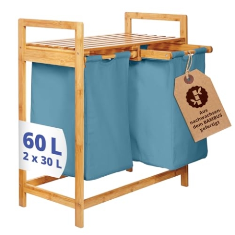 Lumaland Wäschekorb Bambus mit 2 ausziehbaren Wäschesäcken | Pflegeleichtes Material, unempfindlich gegen Nässe und leicht abwischbar | Höhe ca. 73cm x 64cm Breite x 33cm Tiefe [Blau]