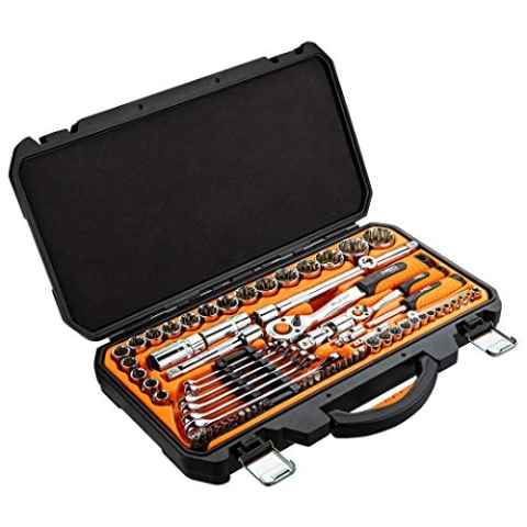 NEO TOOLS Aufsteckschlüssel-Set, 71 Teile, im abschließbaren Hartschalen-Koffer aus Kunststoff, Aufsätze mit Quadrat-Antrieb 1/4" und 1/2" aus CrV-Stahl, Schraubendreher aus S2-Stahl