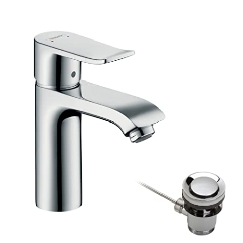 hansgrohe Waschtischarmatur Metris, Wasserhahn Bad mit Auslauf Höhe 110mm, mit Zugstange, Badarmatur wassersparend (EcoSmart), energiesparend (CoolStart), Chrom