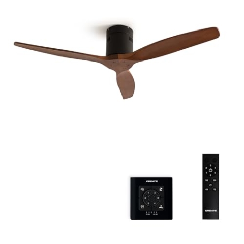 CREATE / WINDCALM/Deckenventilator Schwarz Dunkelholzflügel mit Fernbedienung und Wandschalter / 40W, Leise, Ø132cm, ABS, 6 Geschwindigkeiten, Timer von 1 bis 4 Std., DC-Motor, Sommer-Winterbetrieb