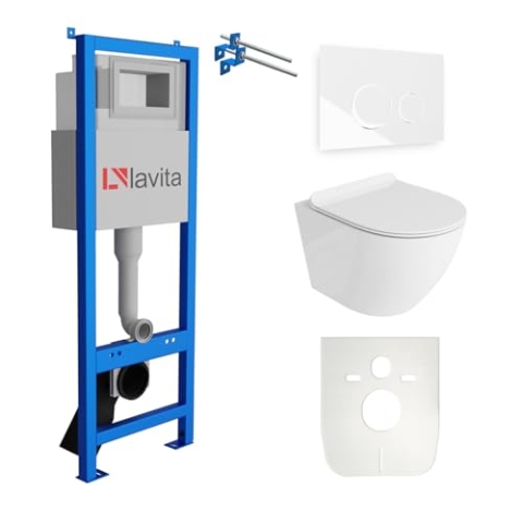 Lavita LAV 101 Vorwandelement für WC 40cm + Wand Hänge Tiefspül WC SOFI SLIM Weiß Spülrandlos + Bedienplatte LAV 200.4.1 Weiß | Komplettset | Unterputz Spülkasten | Toilette Komplett Sett